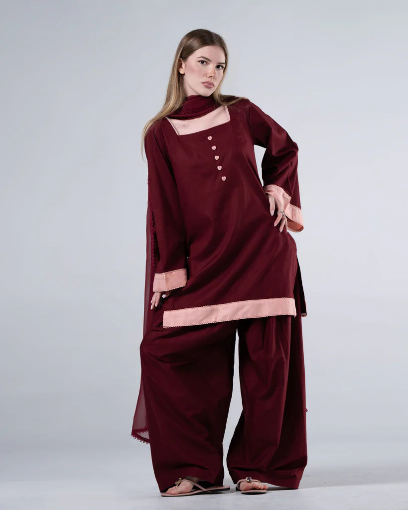 Maroon Heart Farshi Set – 3 Piece