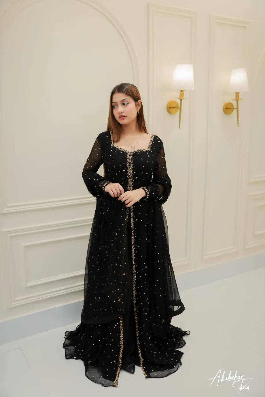 SOLID BLACK HI SLIT LONG EMBELLISHED ANARKALI WITH DUPATTA