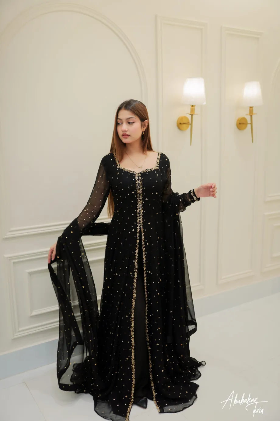 SOLID BLACK HI SLIT LONG EMBELLISHED ANARKALI WITH DUPATTA