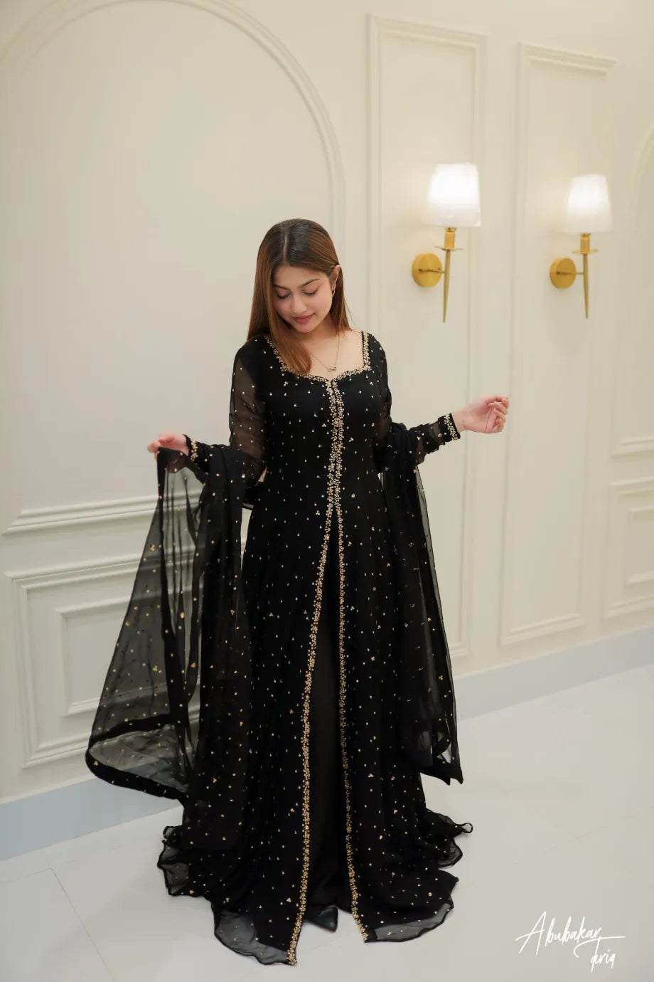 SOLID BLACK HI SLIT LONG EMBELLISHED ANARKALI WITH DUPATTA