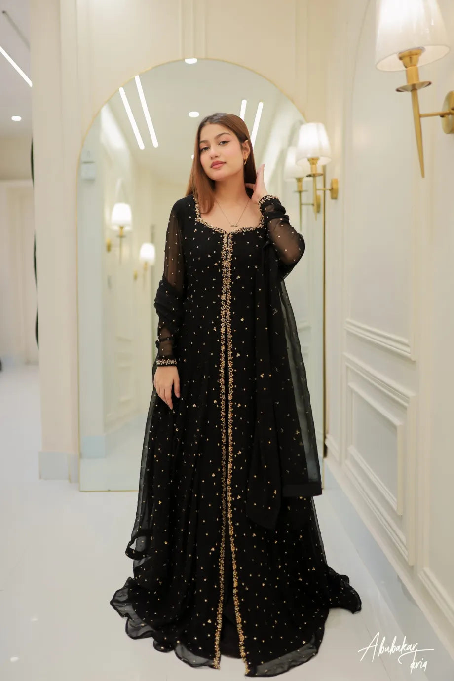 SOLID BLACK HI SLIT LONG EMBELLISHED ANARKALI WITH DUPATTA