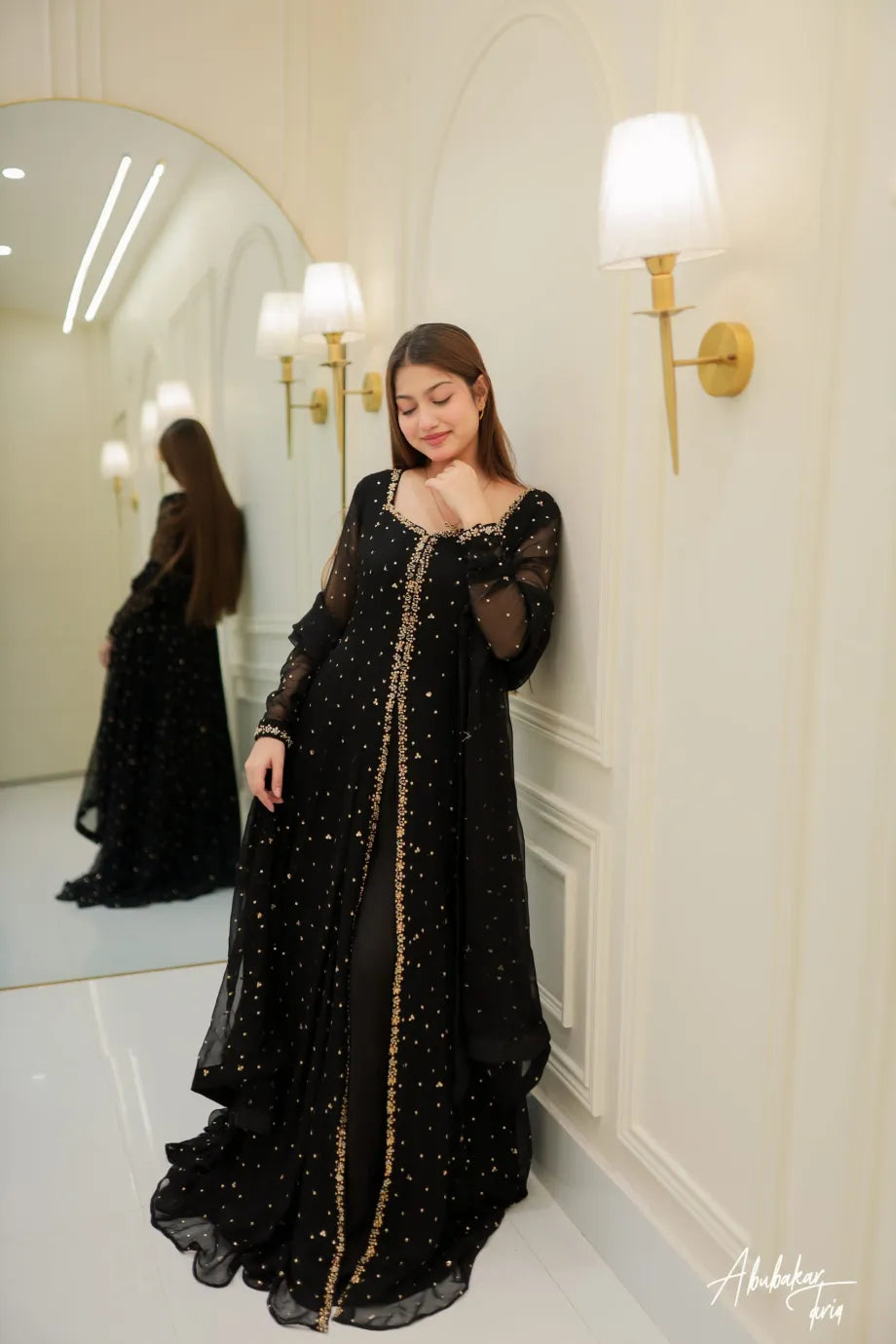 SOLID BLACK HI SLIT LONG EMBELLISHED ANARKALI WITH DUPATTA