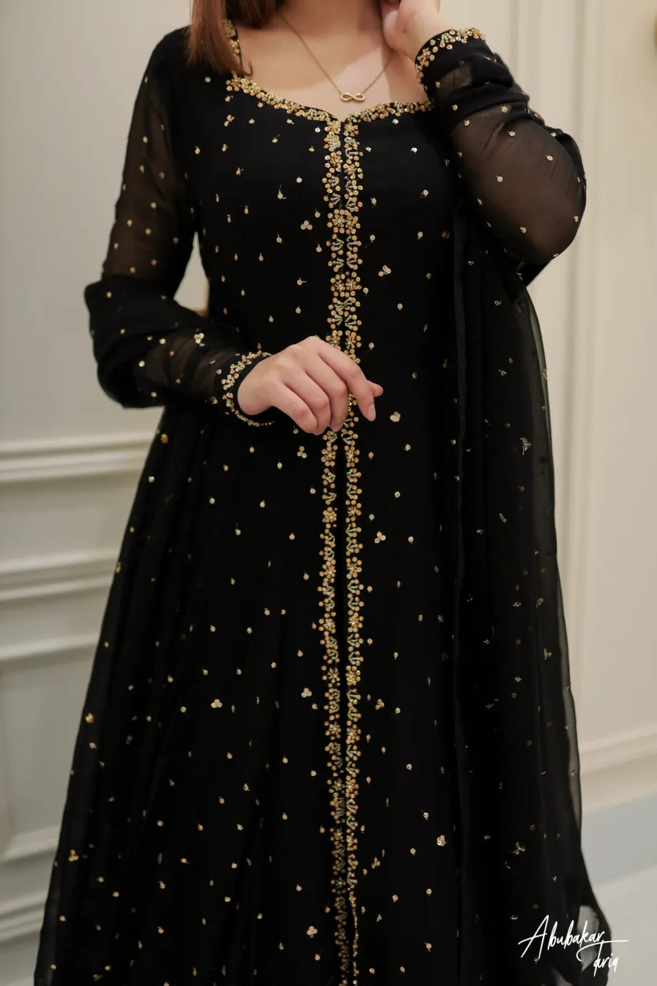 SOLID BLACK HI SLIT LONG EMBELLISHED ANARKALI WITH DUPATTA