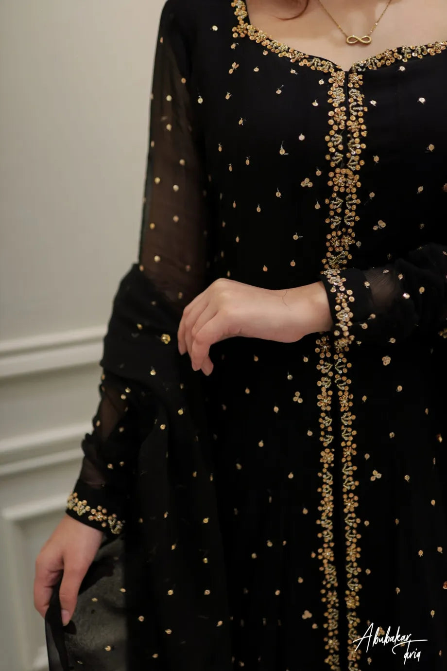 SOLID BLACK HI SLIT LONG EMBELLISHED ANARKALI WITH DUPATTA