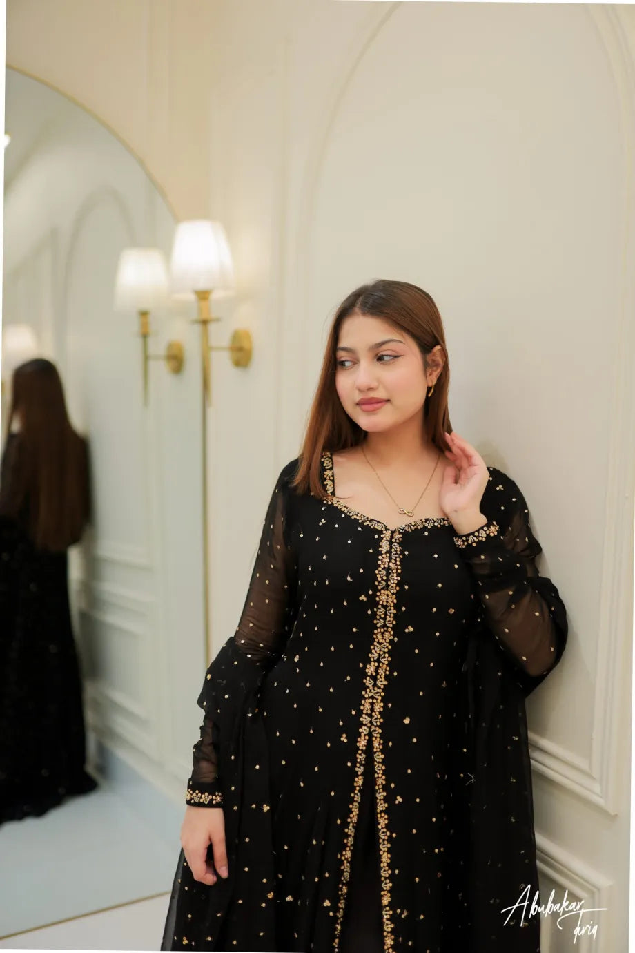 SOLID BLACK HI SLIT LONG EMBELLISHED ANARKALI WITH DUPATTA