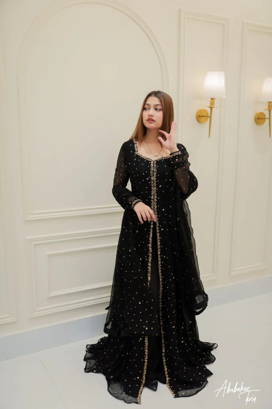 SOLID BLACK HI SLIT LONG EMBELLISHED ANARKALI WITH DUPATTA