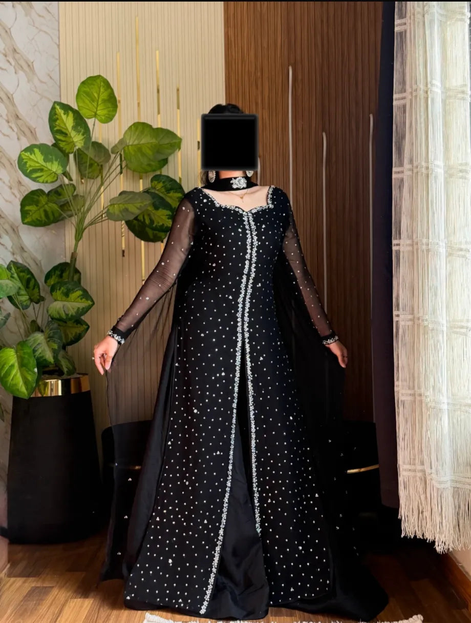 SOLID BLACK HAND EMBELLISHED LONG KURTA PALAZZO SET WITH DUPATTA