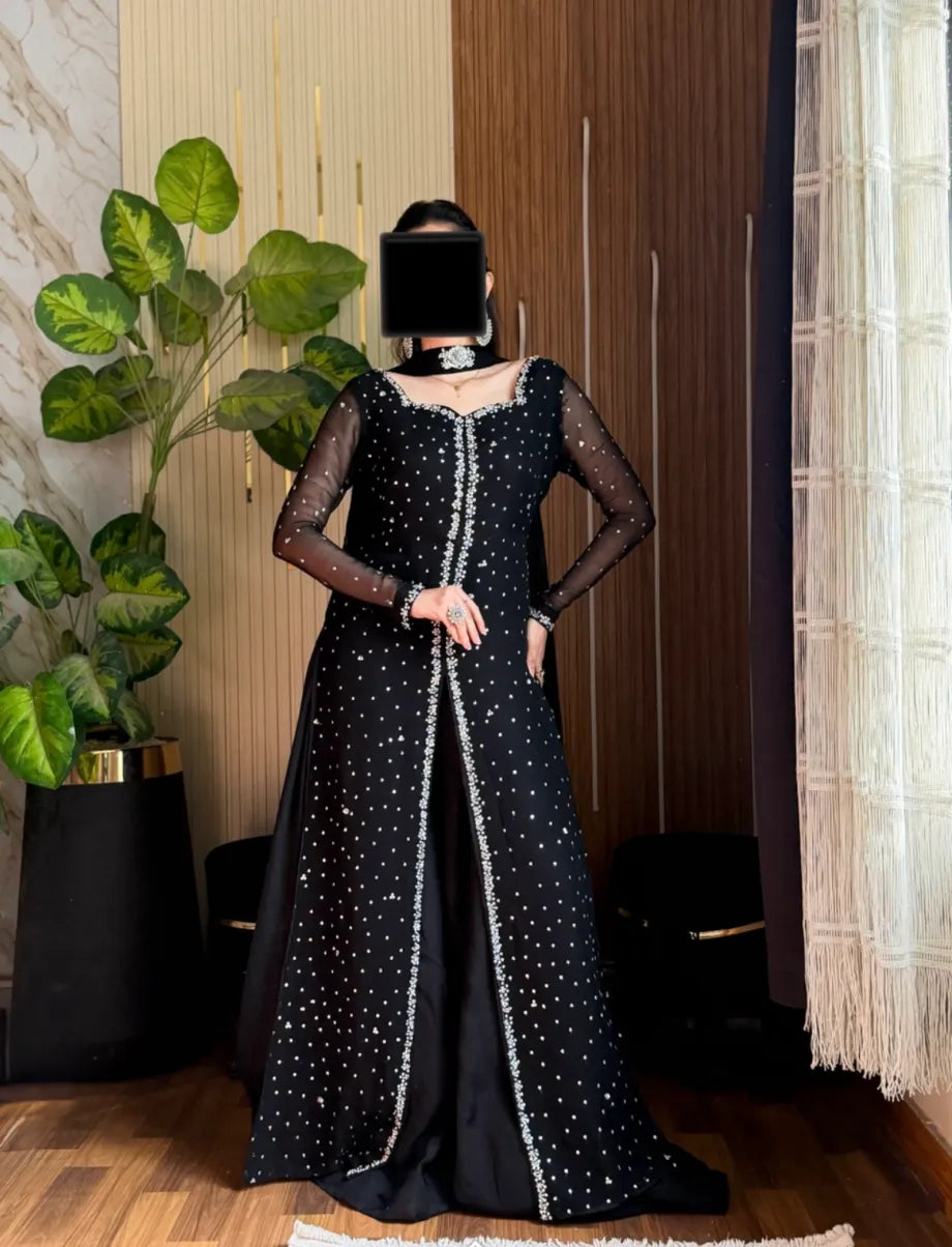 SOLID BLACK HAND EMBELLISHED LONG KURTA PALAZZO SET WITH DUPATTA