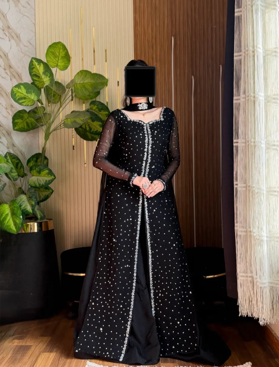 SOLID BLACK HAND EMBELLISHED LONG KURTA PALAZZO SET WITH DUPATTA
