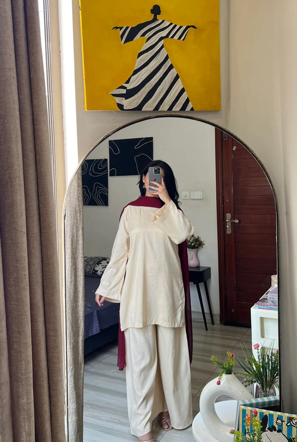 Cream Beige kameez With Flared Plazo