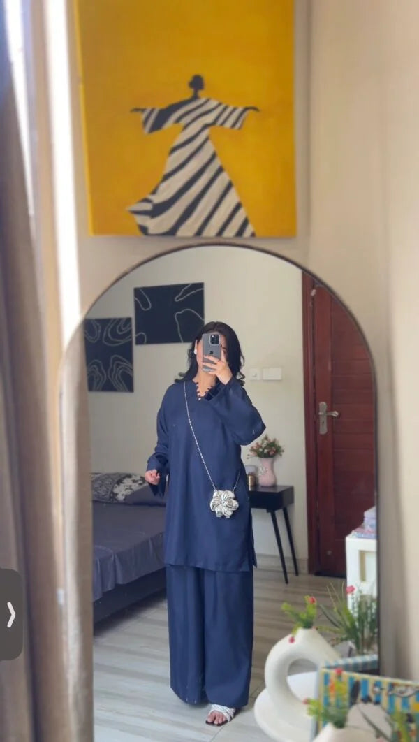 Navy Blue Kameez with Flared Plazo
