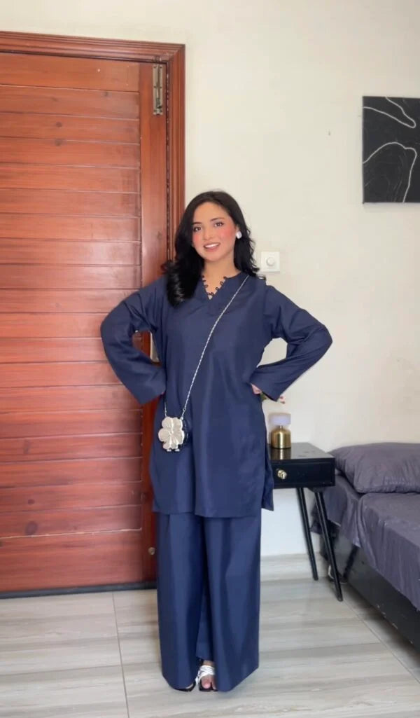 Navy Blue Kameez with Flared Plazo