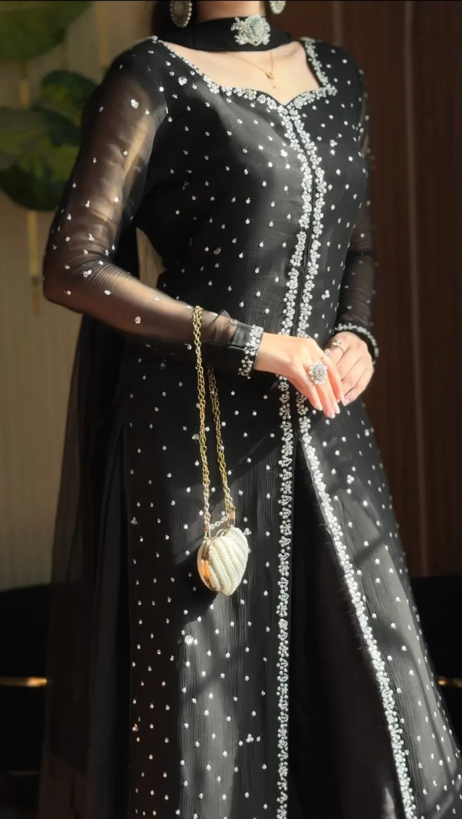 SOLID BLACK HAND EMBELLISHED LONG KURTA PALAZZO SET WITH DUPATTA