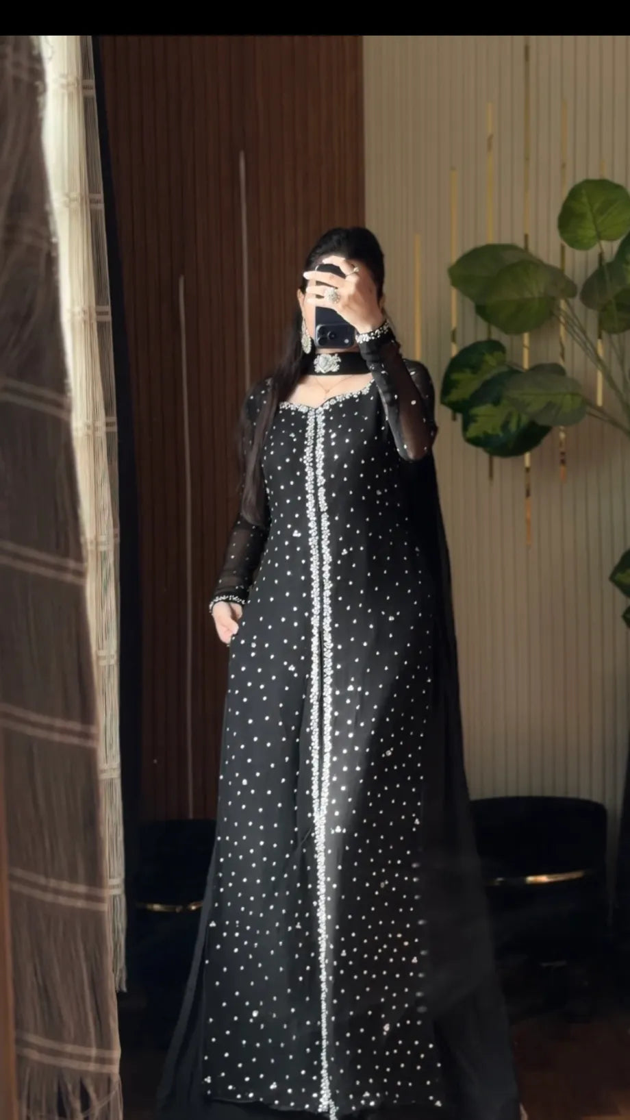 SOLID BLACK HAND EMBELLISHED LONG KURTA PALAZZO SET WITH DUPATTA