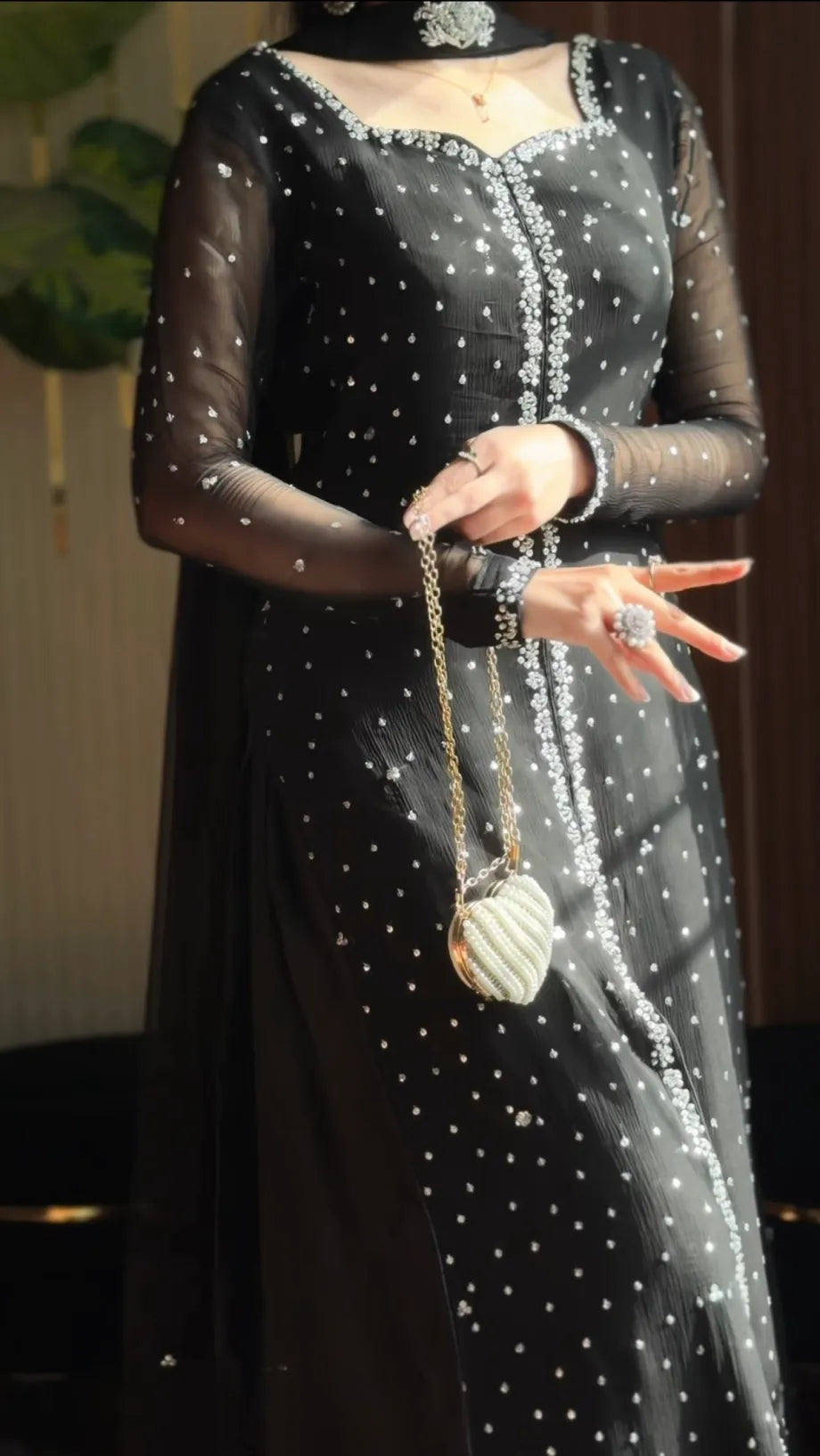 SOLID BLACK HAND EMBELLISHED LONG KURTA PALAZZO SET WITH DUPATTA