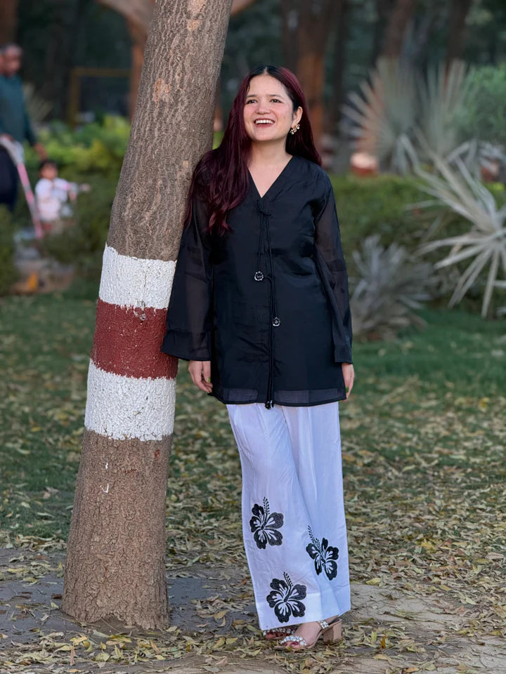 Black Hibiscus Embroidered Co-ord Set