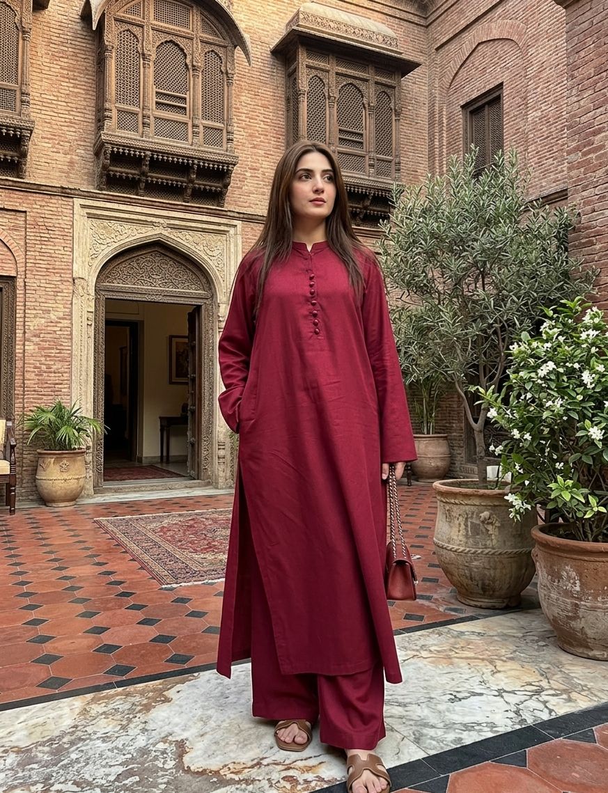 Maroon Classic Long Kurta Set – Cotton Lawn