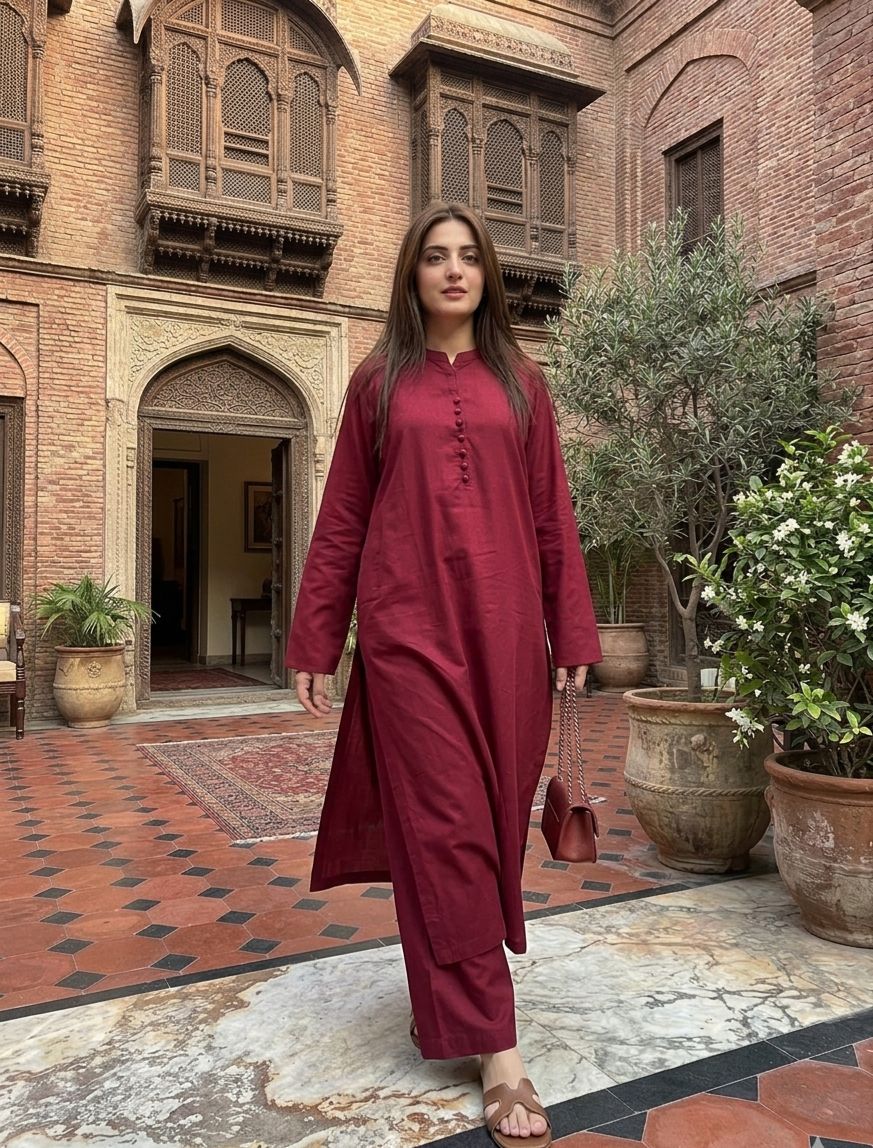 Maroon Classic Long Kurta Set – Cotton Lawn
