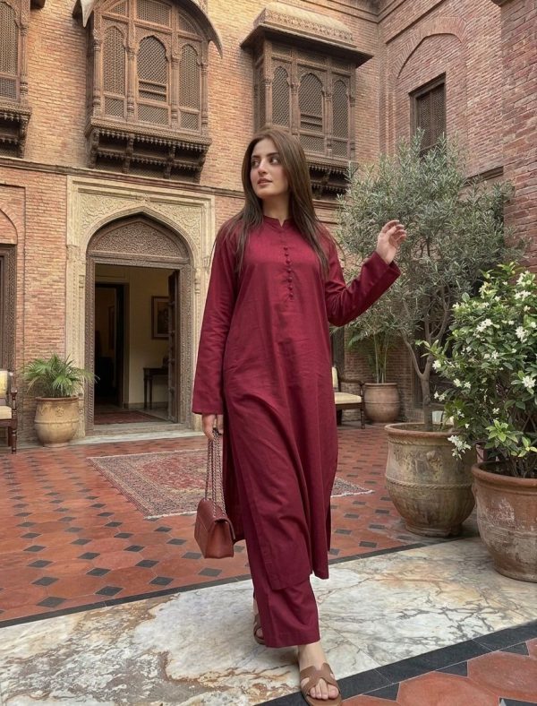 Maroon Classic Long Kurta Set – Cotton Lawn